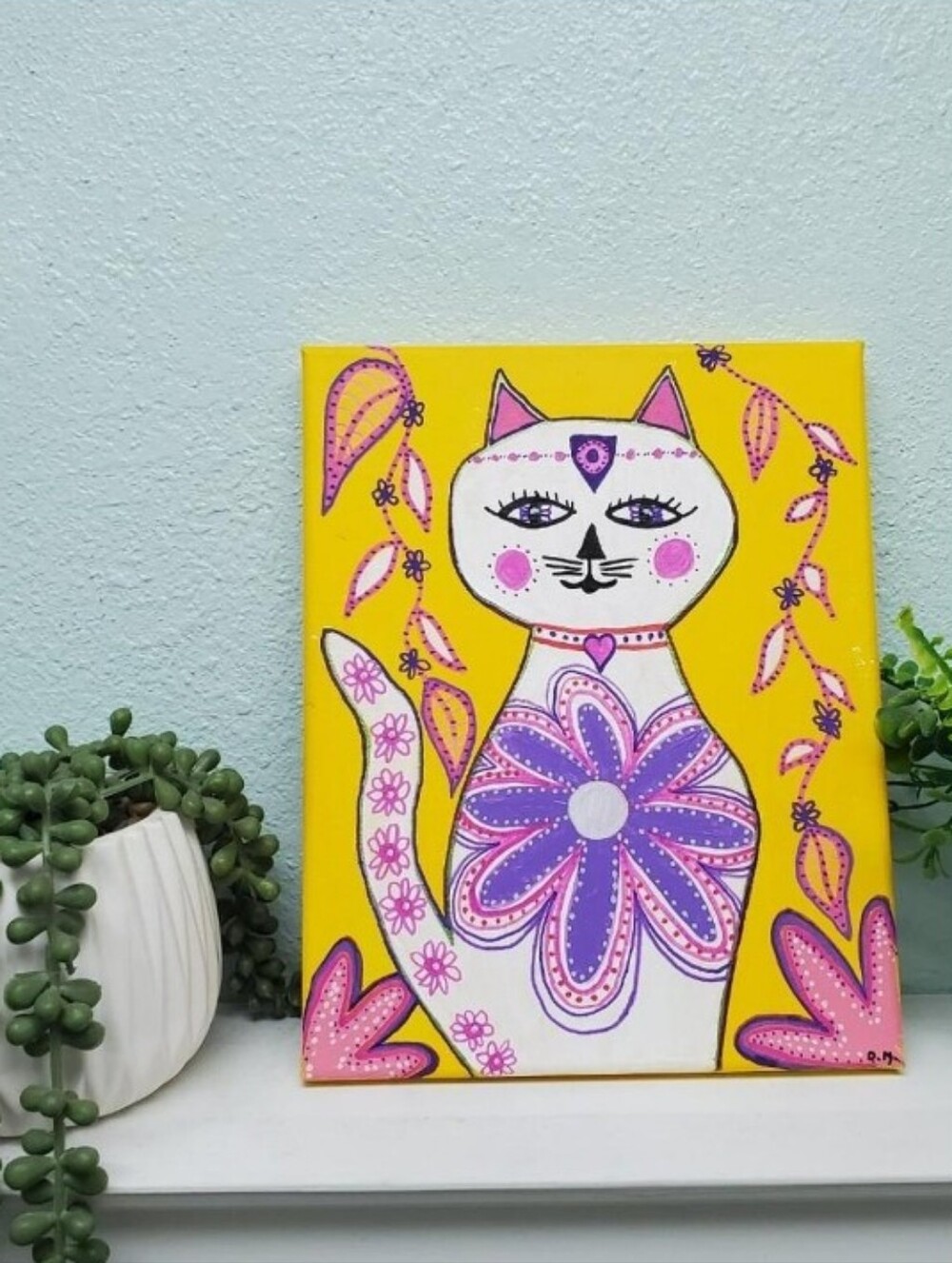 Hand-Painted Original Yellow Purple Floral Cat Canvas Art Painting Boho Wall Art
